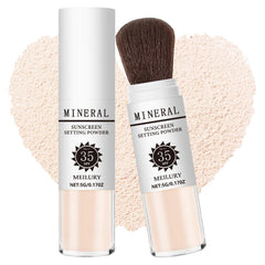 Meilury polvo fijador SPF35 en rostro, acabado mate suave.