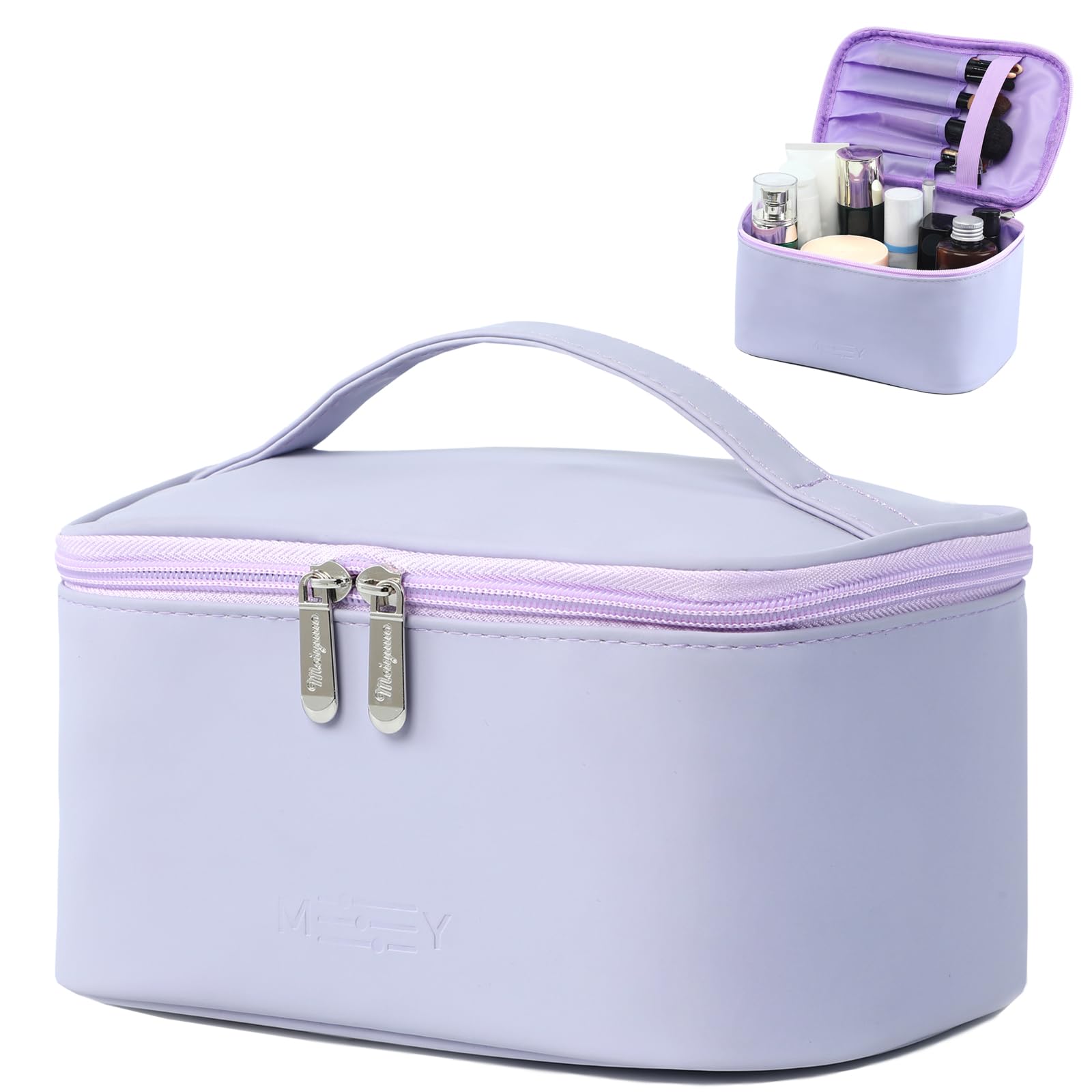 Meiyuuo bolso maquillaje grande lavanda, vista frontal para viaje cómodo.