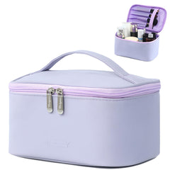 Meiyuuo bolso maquillaje grande lavanda, vista frontal para viaje cómodo.