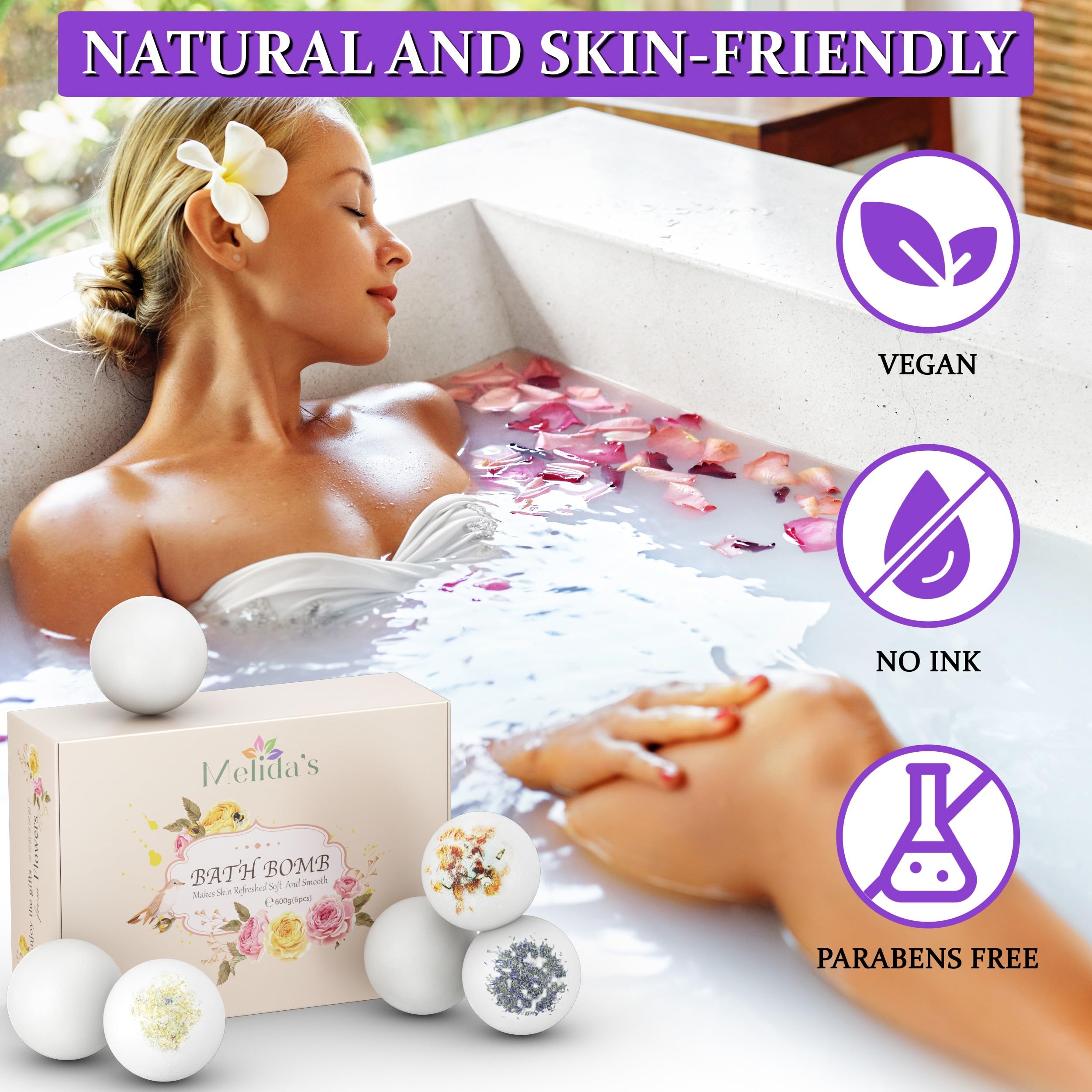MELIDA'S bombas de baño Jazmín, aroma floral que evoca spa en casa.