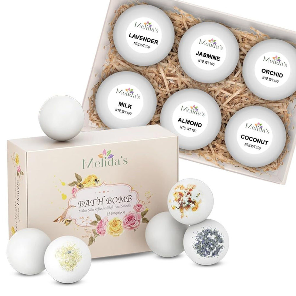 MELIDA'S bombas de baño de seis piezas, envoltorio elegante, regalo ideal para autocuidado diario.