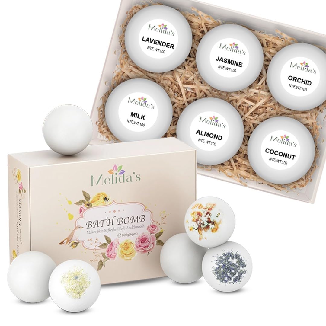 MELIDA'S bombas de baño de seis piezas, envoltorio elegante, regalo ideal para autocuidado diario.