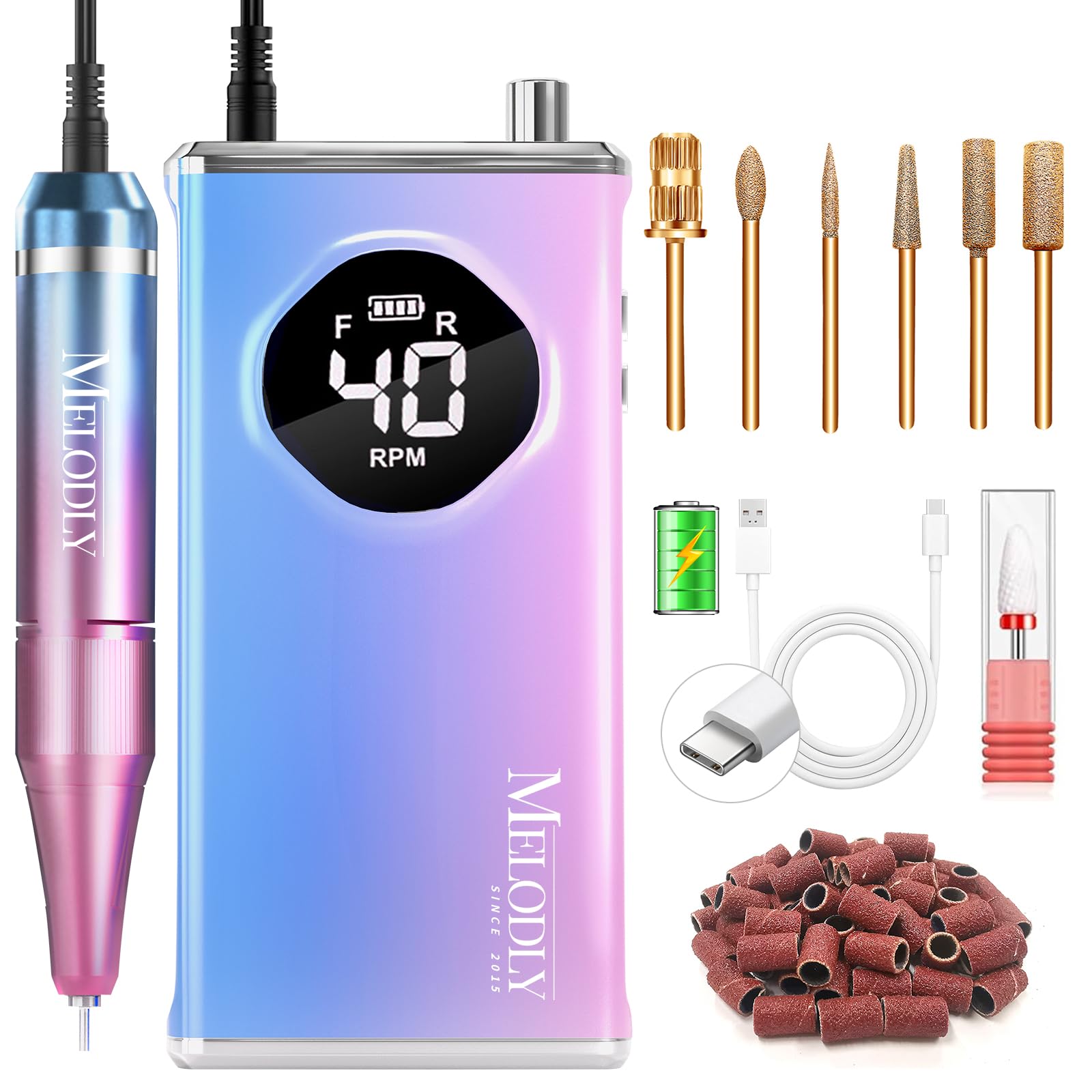 Lima eléctrica Melodly a 40,000 revoluciones por minuto para manicura rápida y suave.