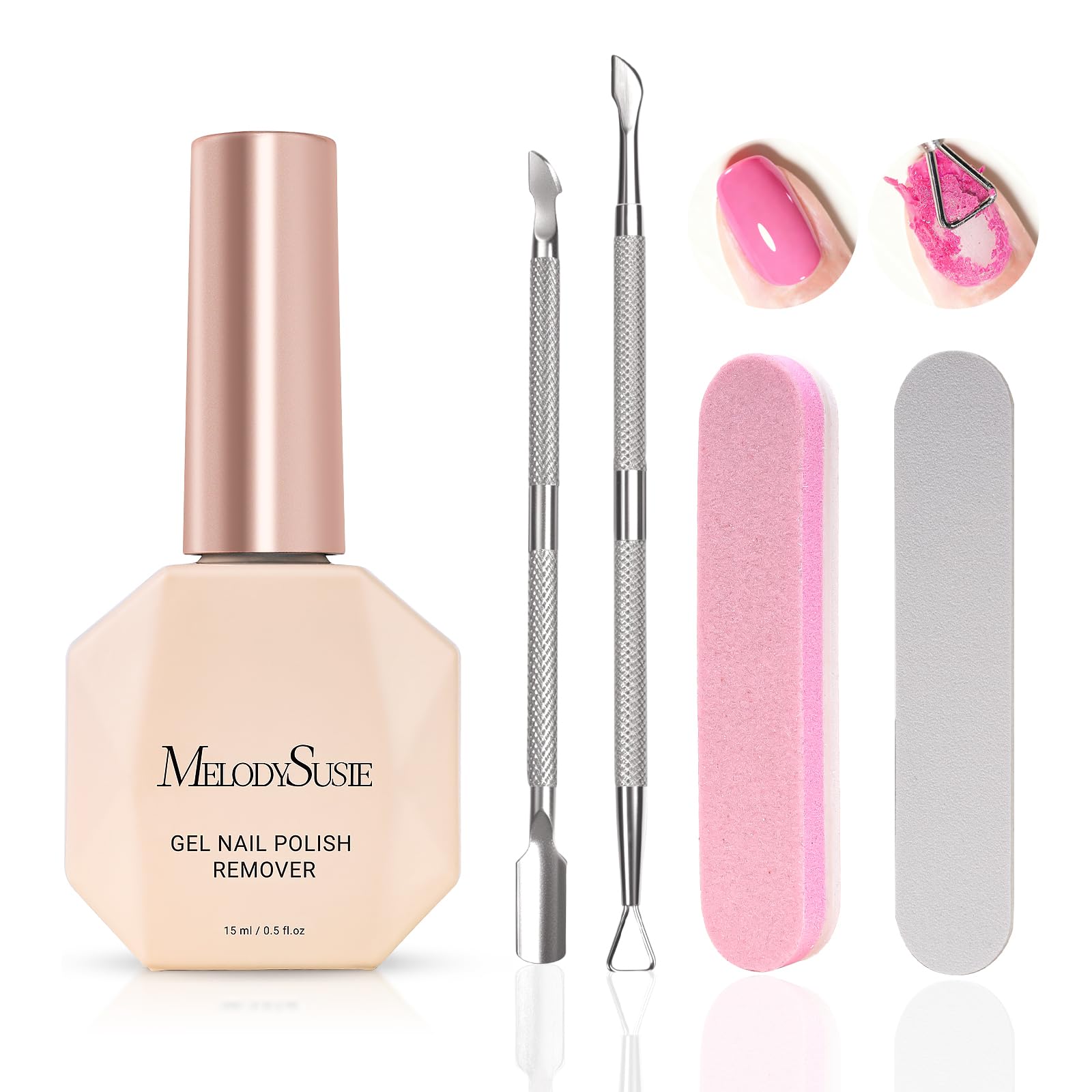 MelodySusie Kit quitar esmalte gel 15ml facilita una manicura rápida en casa.