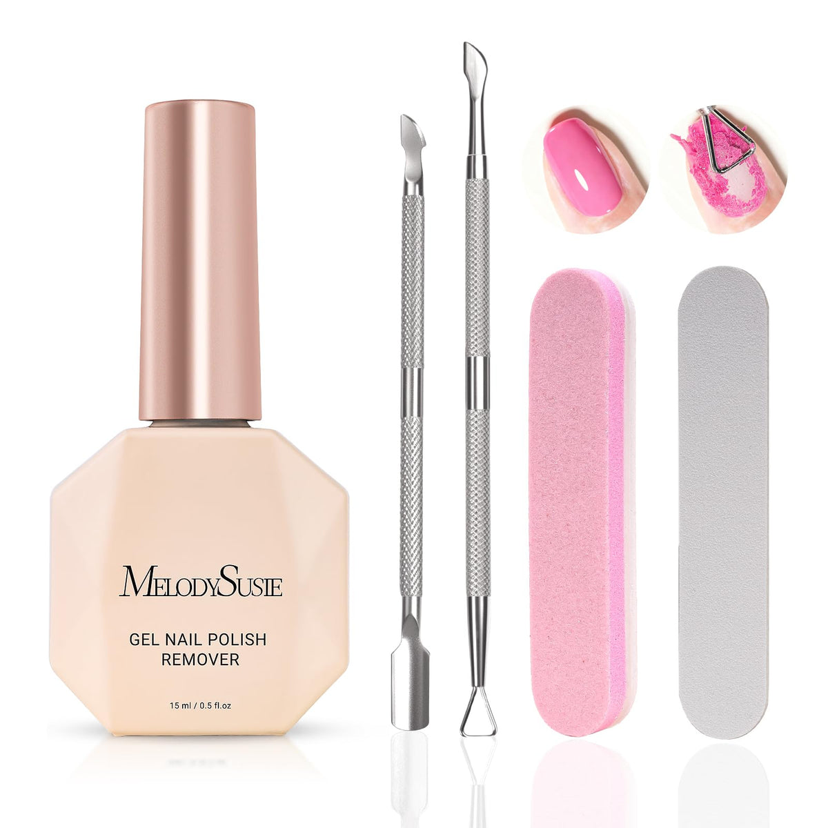 MelodySusie Kit quitar esmalte gel 15ml facilita una manicura rápida en casa.