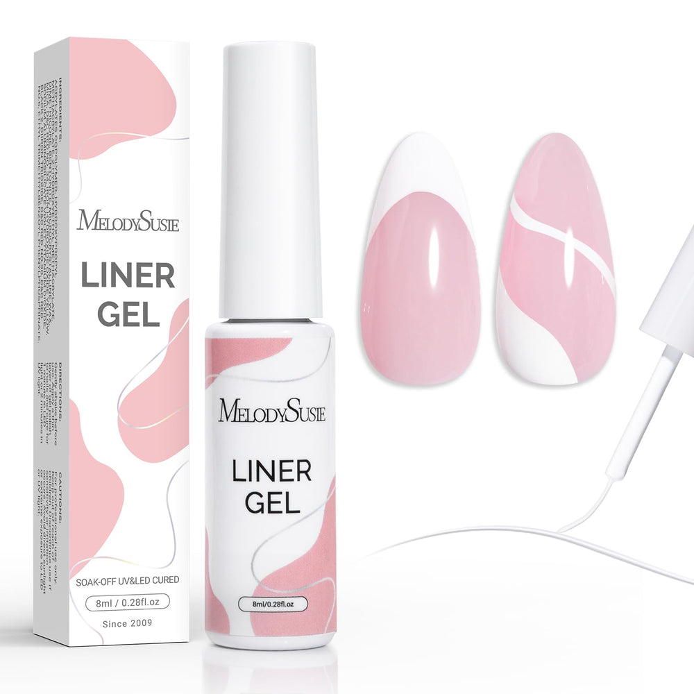 Delineador gel blanco MelodySusie con cepillo integrado para líneas precisas en uñas.
