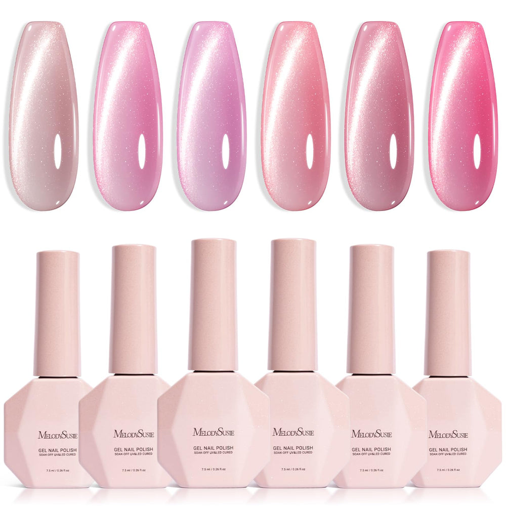 MelodySusie gel ojo-gato rosa, botella en primer plano, efecto deslumbrante para uñas.
