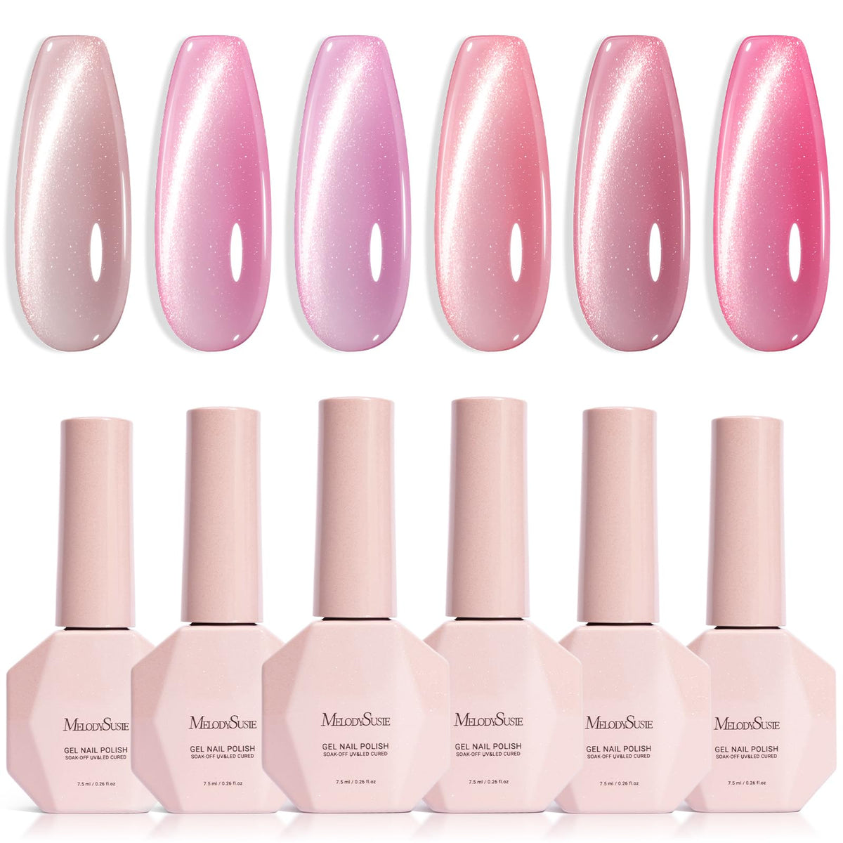 MelodySusie gel ojo-gato rosa, botella en primer plano, efecto deslumbrante para uñas.