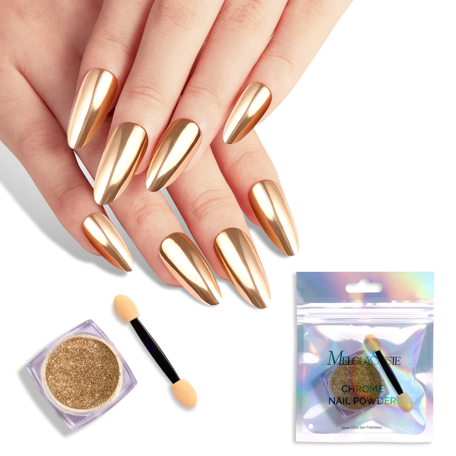 melodysusie polvo cromado champagne oro para uñas, crea efecto espejo duradero