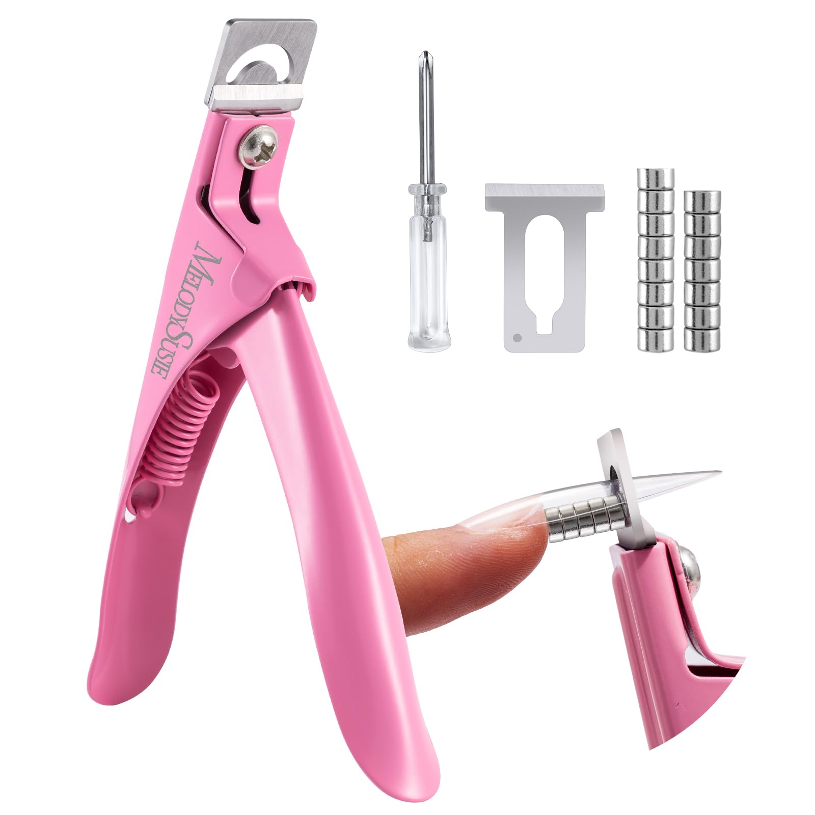 MelodySusie corta uñas acrílicas con medidores magnéticos para ajustar longitud con precisión.