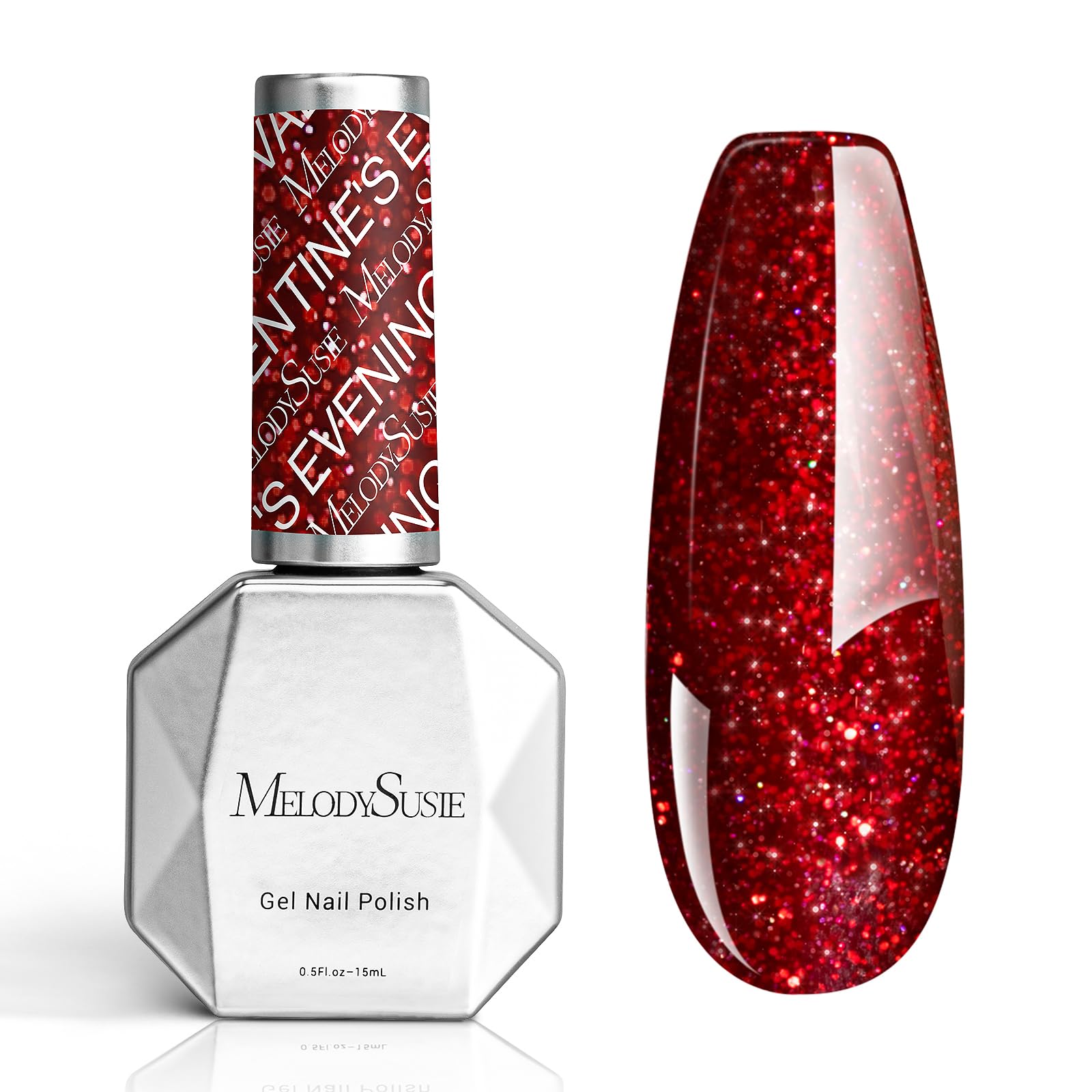 MelodySusie esmalte gel rojo brillante para uñas con destellos navideños.