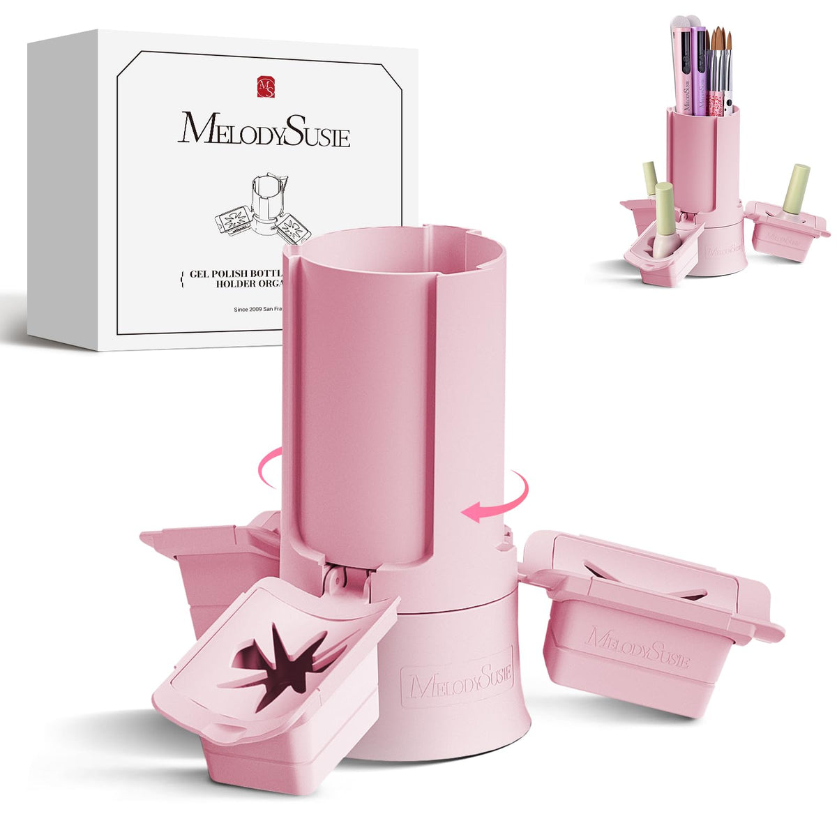 MelodySusie GelCarousel, equilibrio de botellas para un flujo de trabajo ordenado.