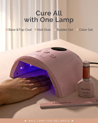 MelodySusie lámpara UV-LED rosa compacta en uso, manos bajo haz para uñas brillantes.