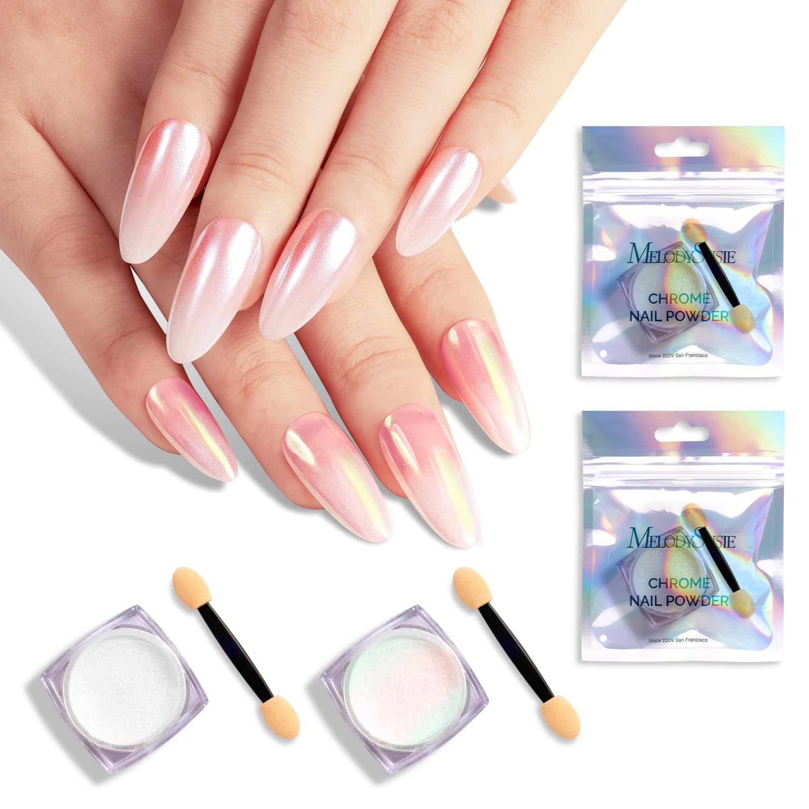 MelodySusie polvo espejo perlado en frasco para uñas, brillo duradero.