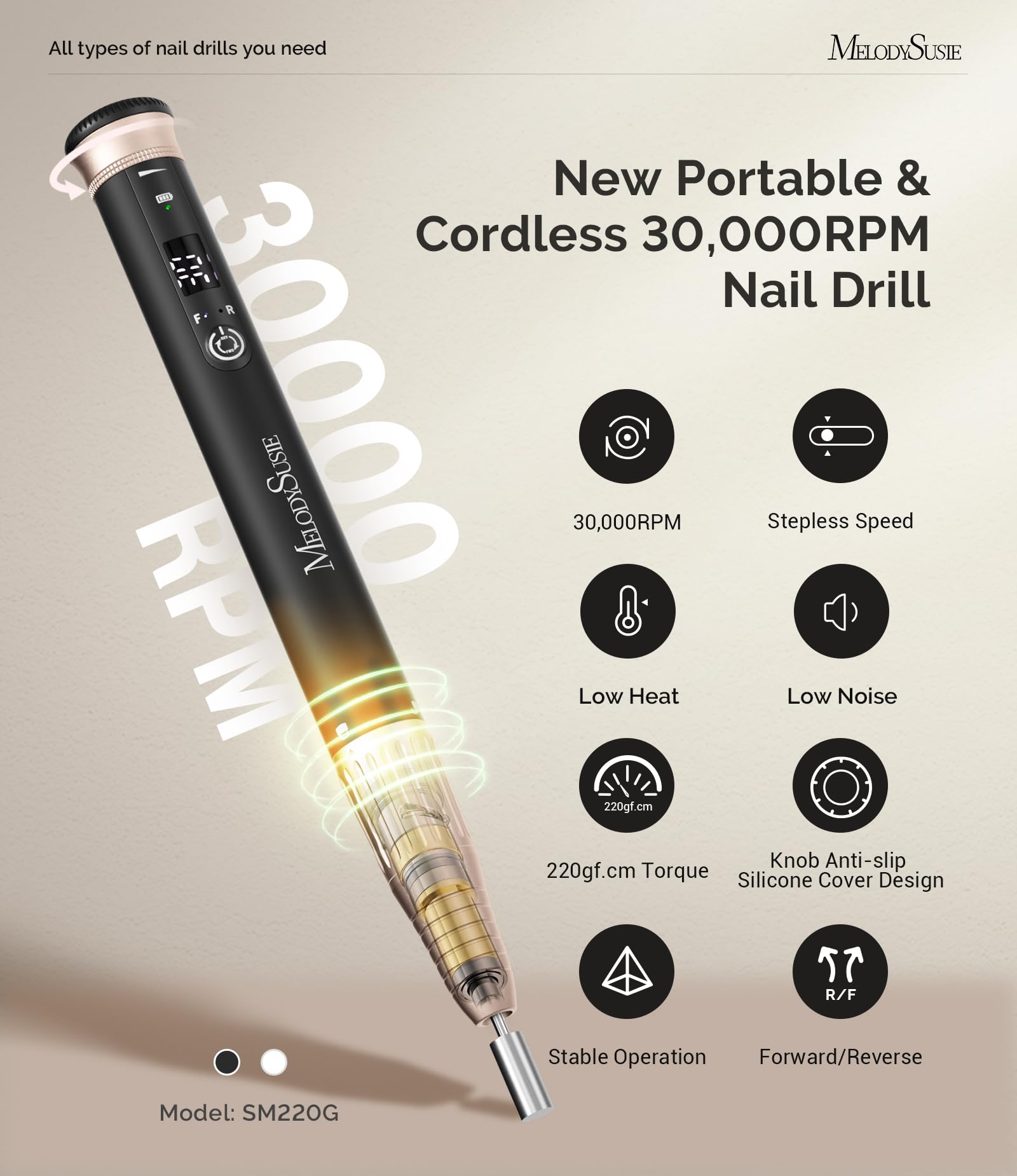 MelodySusie SM220G ajuste de velocidad continua, control fino para uñas duras.