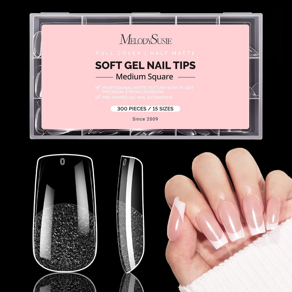 MelodySusie Tips Uñas Cuadradas Media Mate: adherencia mejorada para extensiones caseras