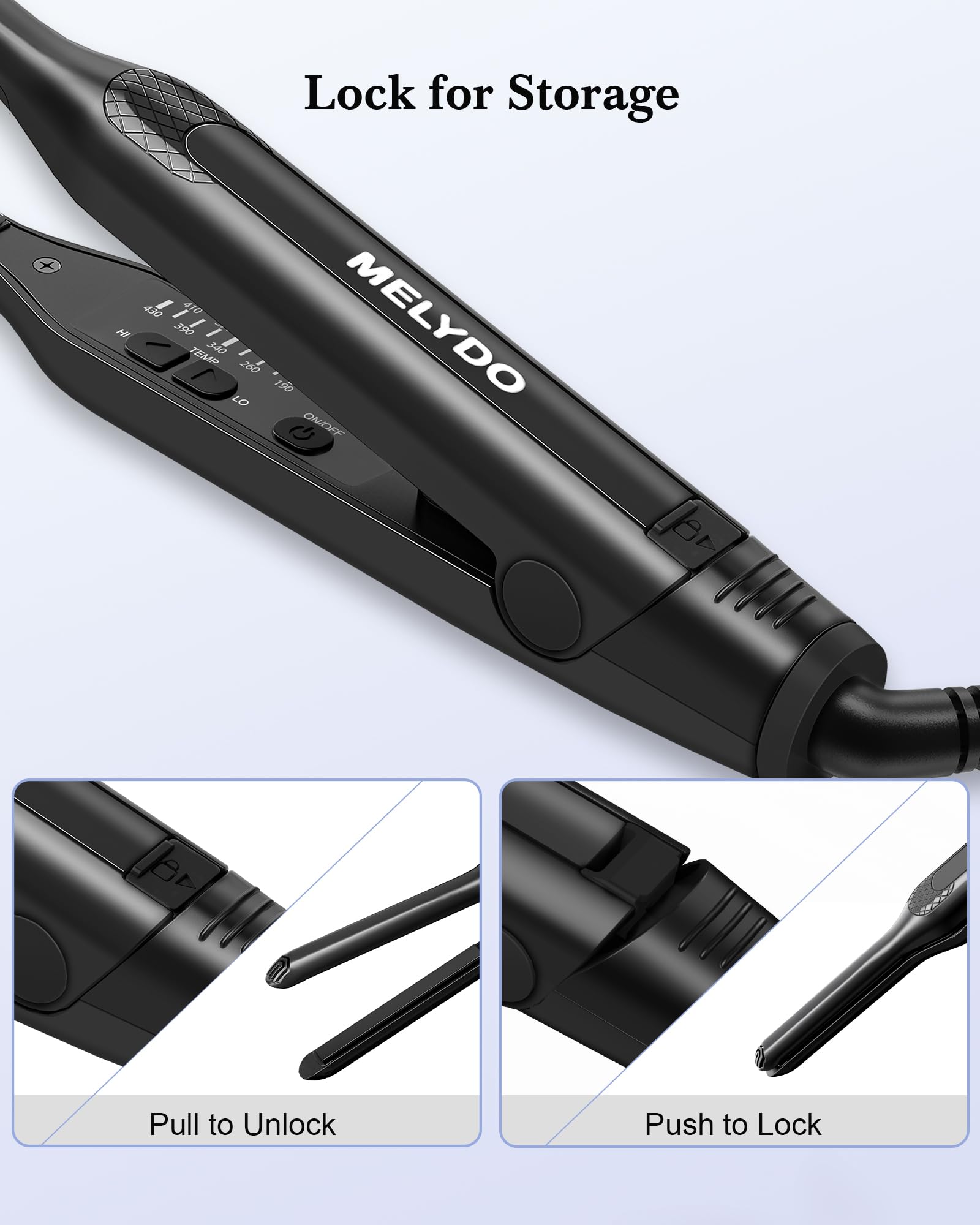 MELYDO plancha mini para flequillos y cortes cortos con control de temperatura.