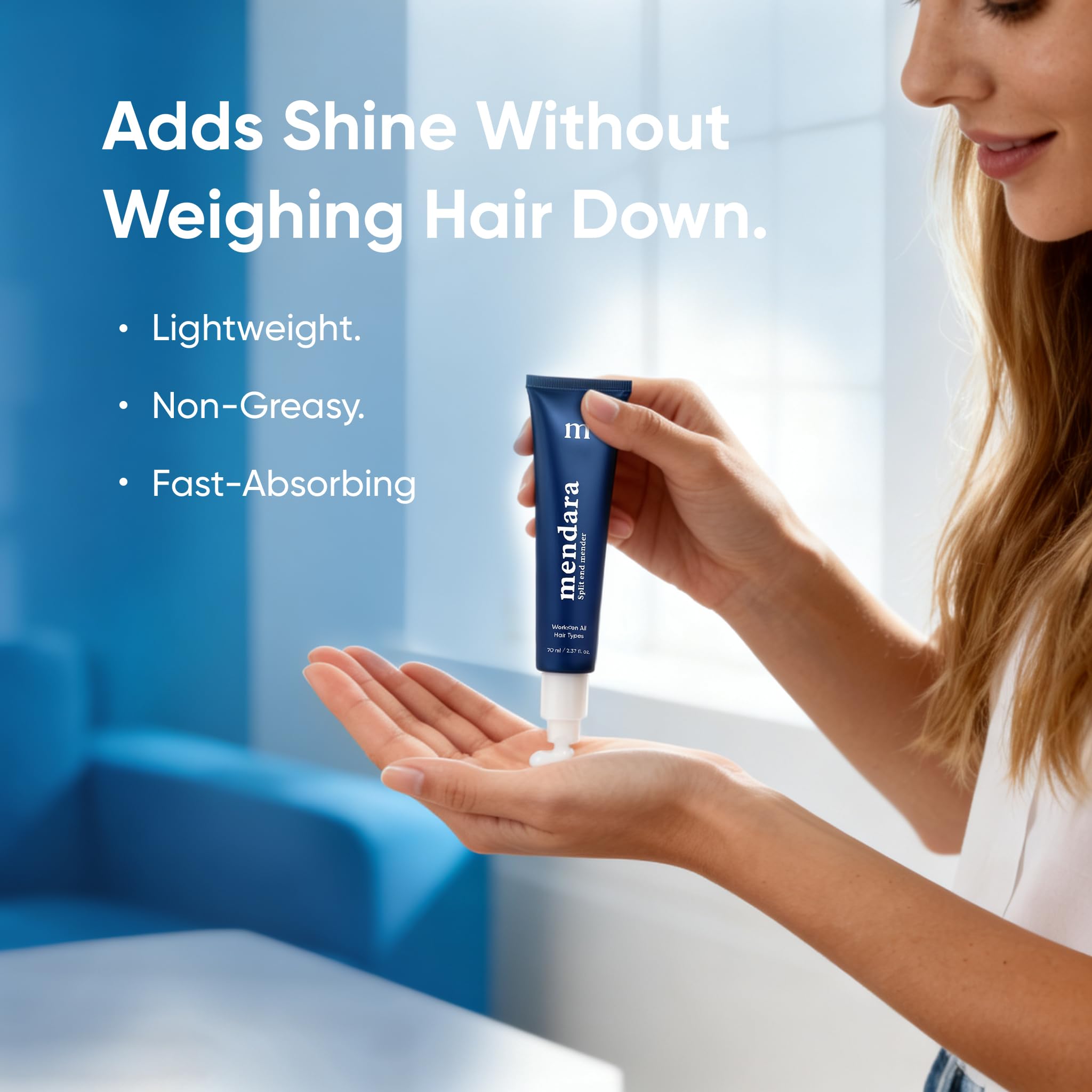 MENDARA protección contra calor y frizz, cabello más manejable.