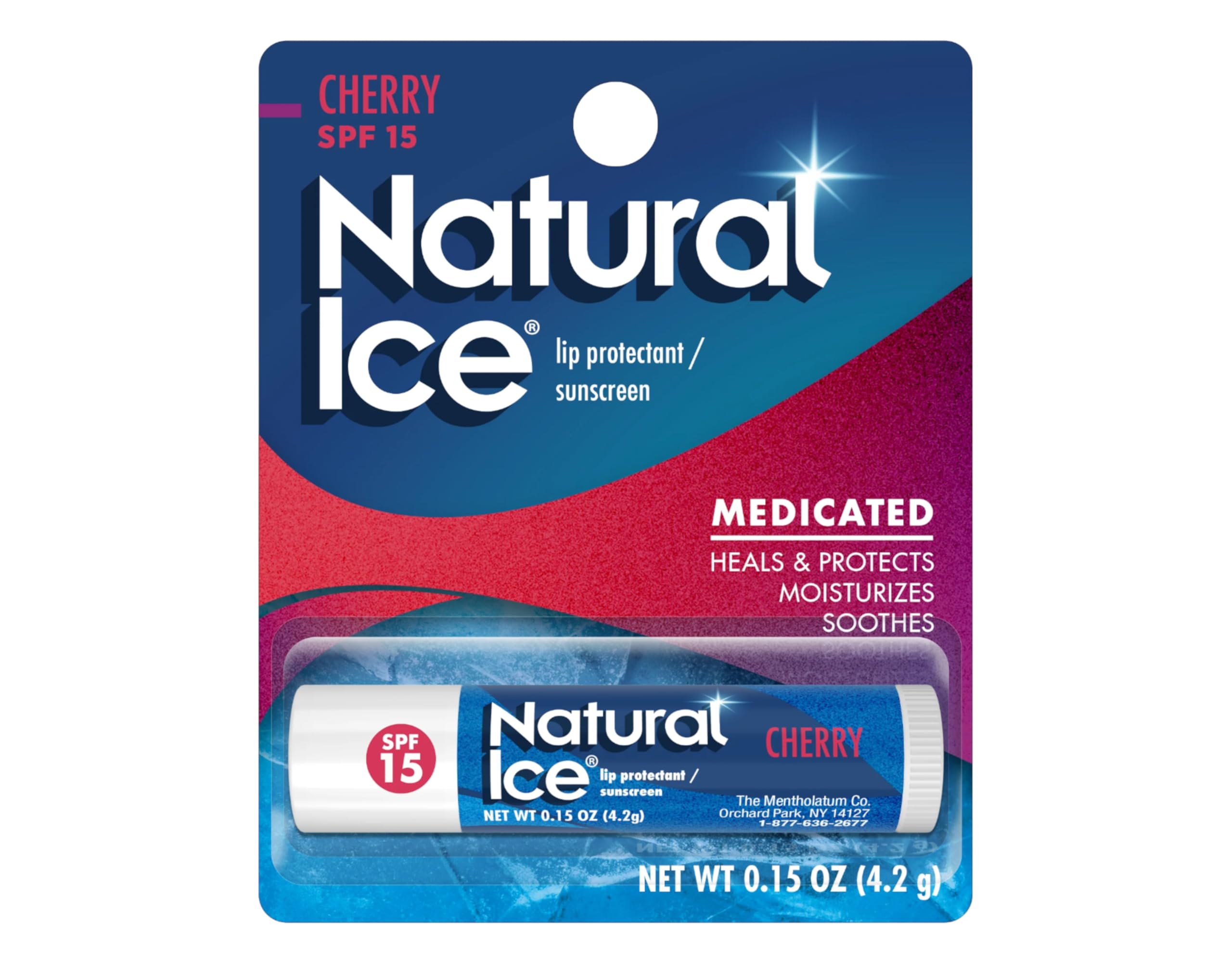 Mentholatum Natural Ice Cherry SPF 15, aplicación suave para labios secos durante actividades al aire libre