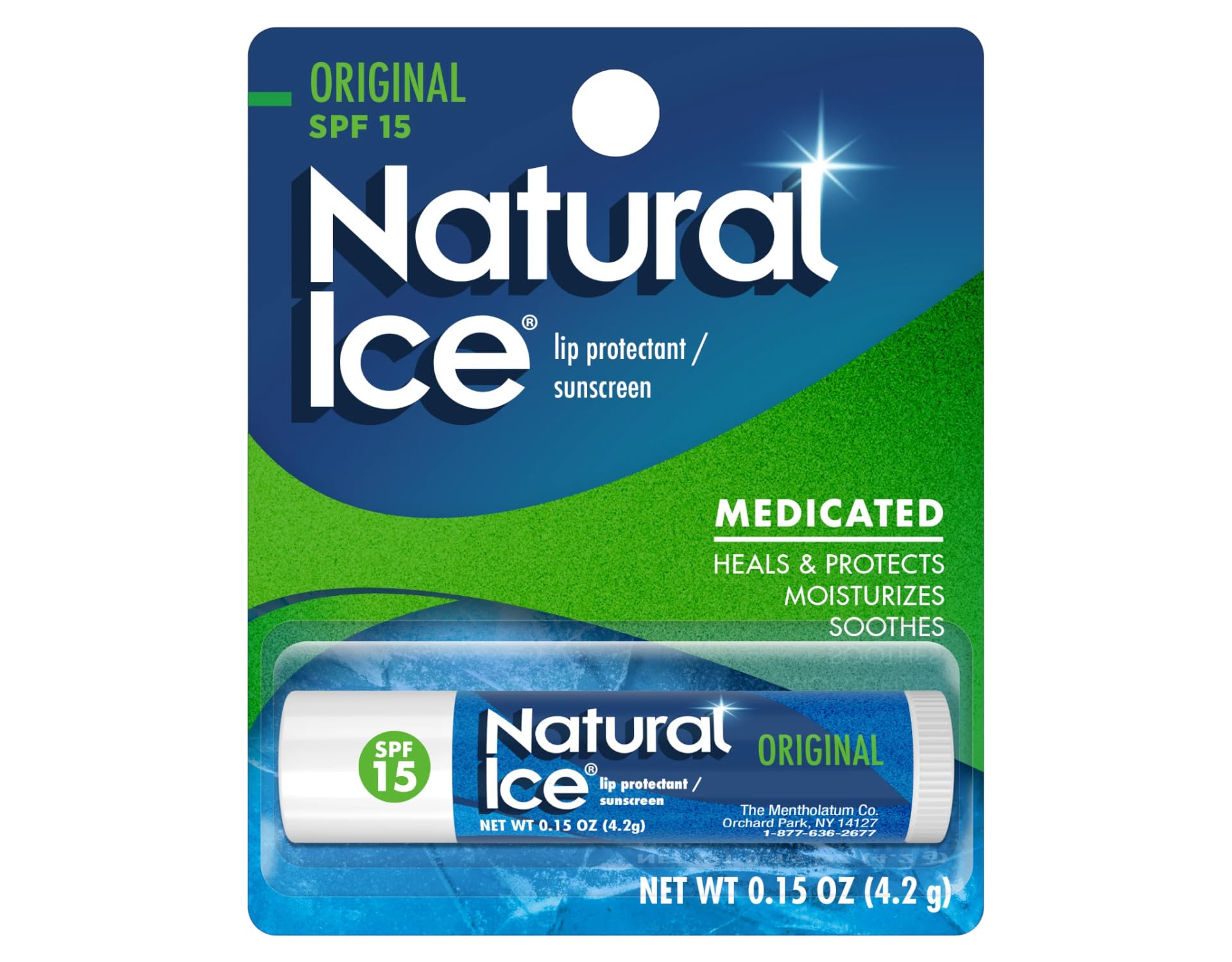 Mentholatum Natural Ice, bálsamo labial suave con sensación refrescante al aplicar.