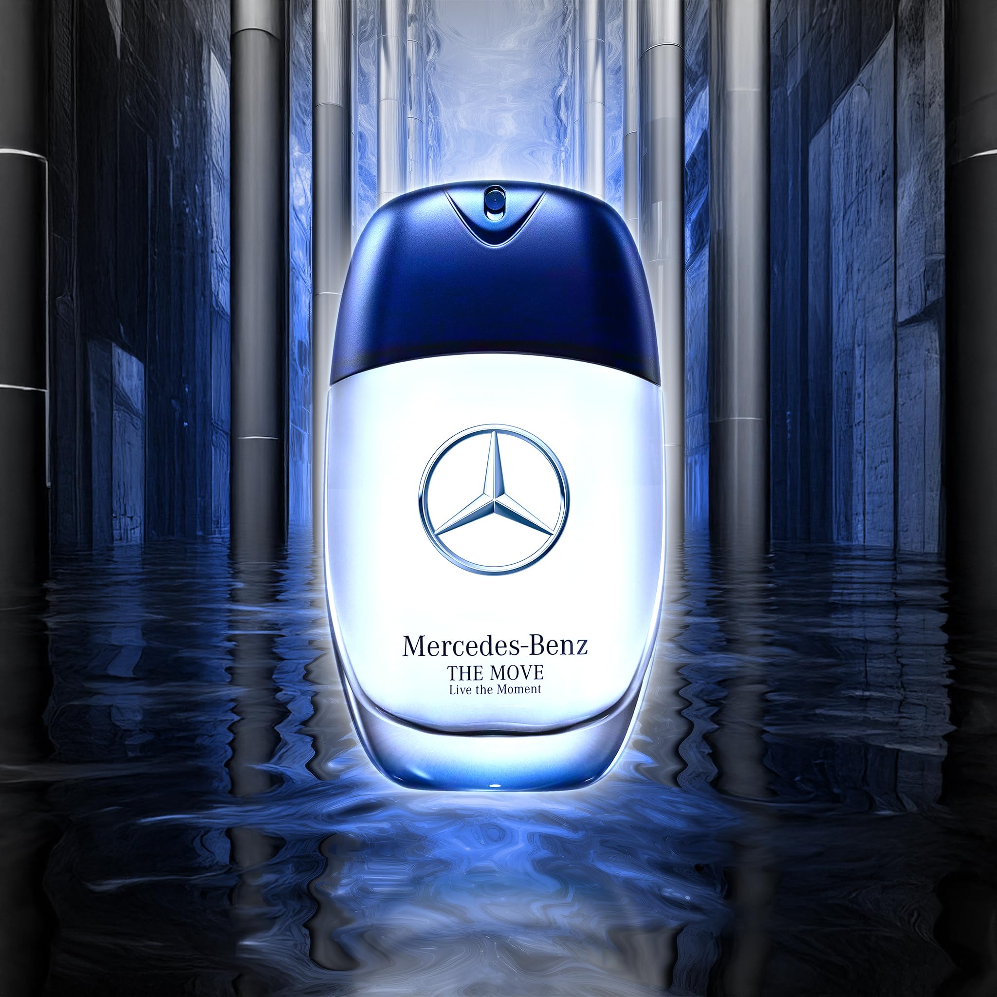Mercedes-Benz botella en ángulo sobre fondo neutro, transmite estilo masculino