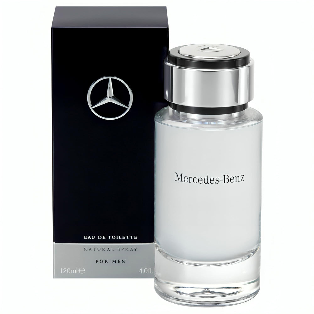 Mercedes-Benz para hombres, botella vista frontal, fragancia elegante para uso diario.