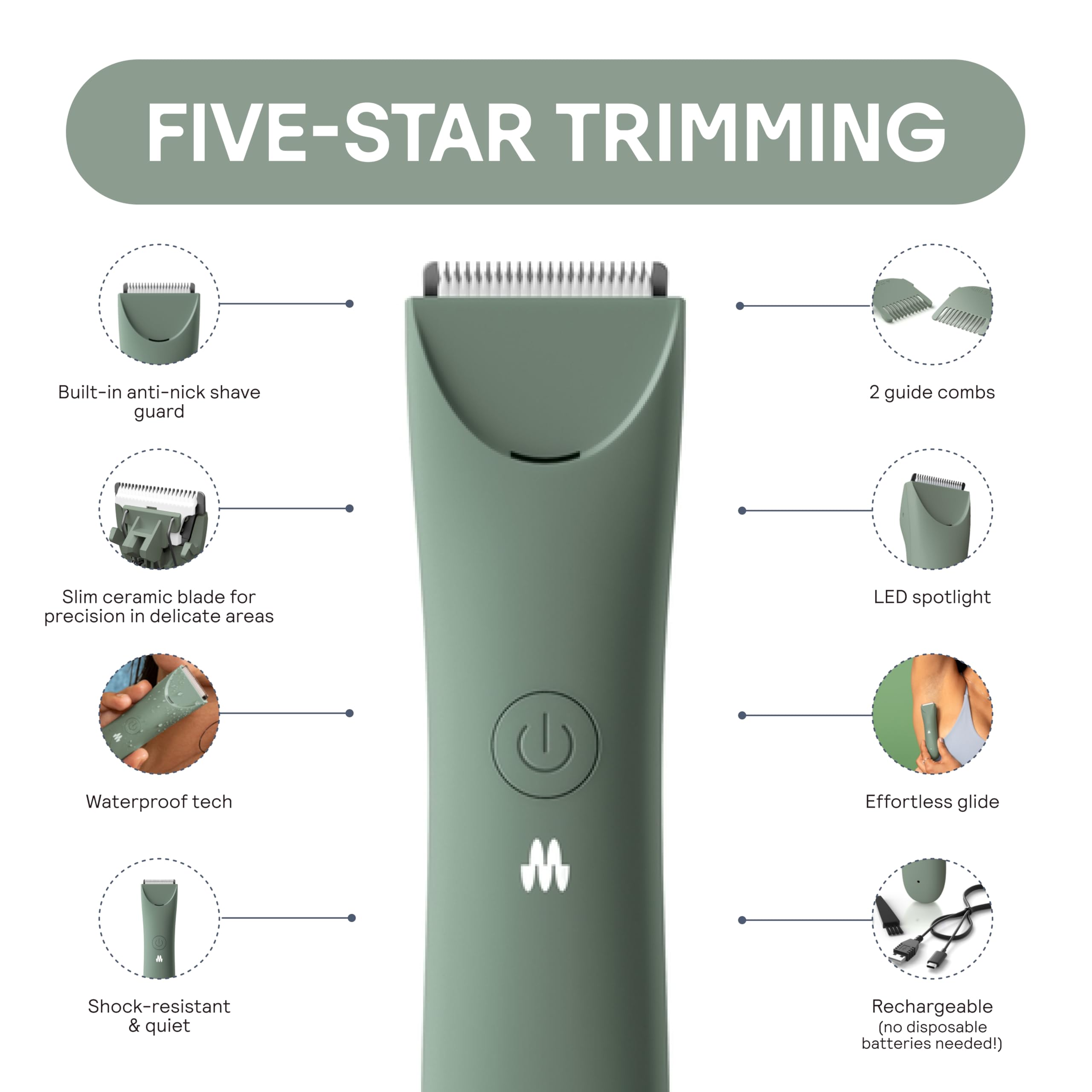 Meridian Slimmer Trimmer ofrece cuchilla cerámica para piel sensible sin irritación.