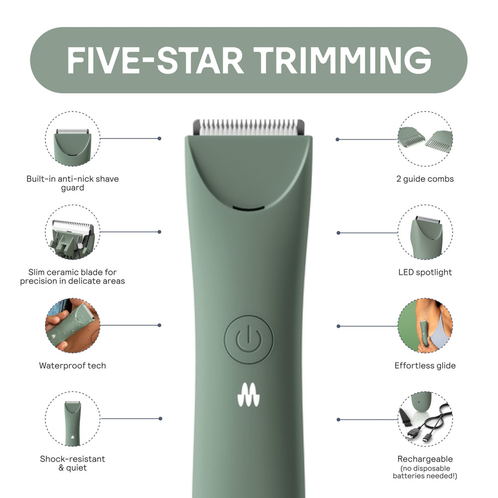 Meridian Slimmer Trimmer ofrece cuchilla cerámica para piel sensible sin irritación.