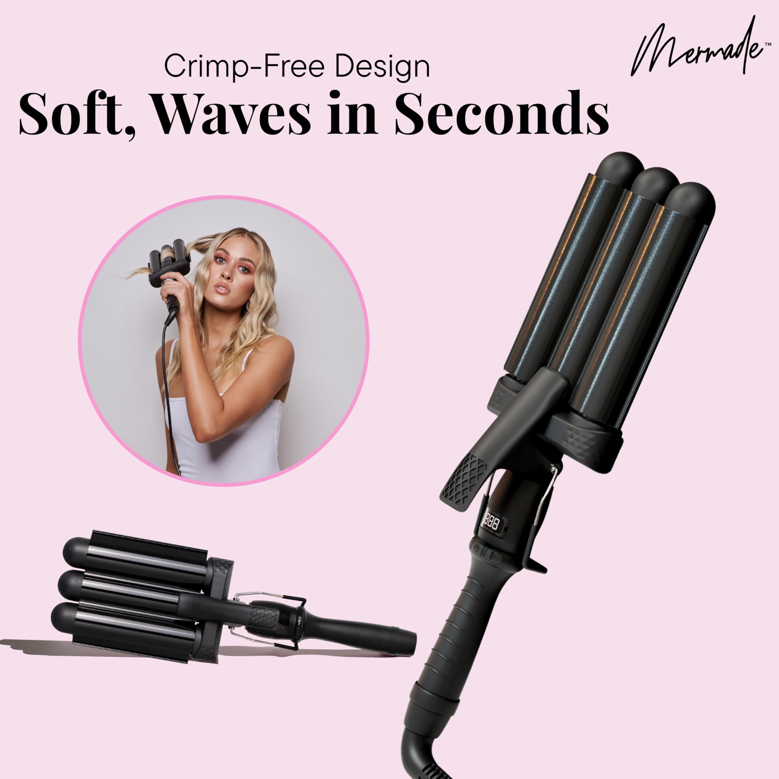 Mermade Hair PRO Ondulador barra cerámica ofrece calor uniforme para rizos suaves y definidos.