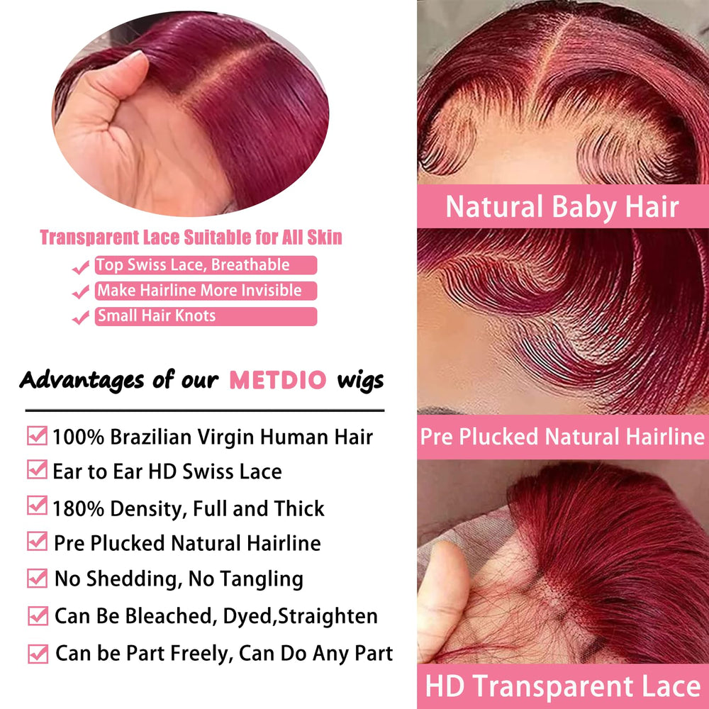 Encaje frontal transparente METDIO burdeos para peinados versátiles