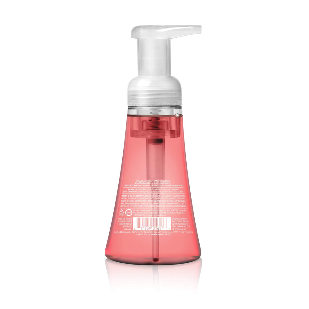 Method botella plástico reciclado PCR espumoso pomelo rosa en uso diario.