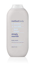 Method Simply Nourish gel de ducha con leche de arroz para hidratación suave.
