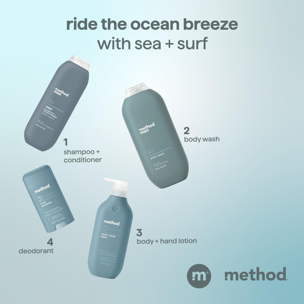 Bottle pour shot shows easy, mess-free dispensing of Method Men Sea + Surf.