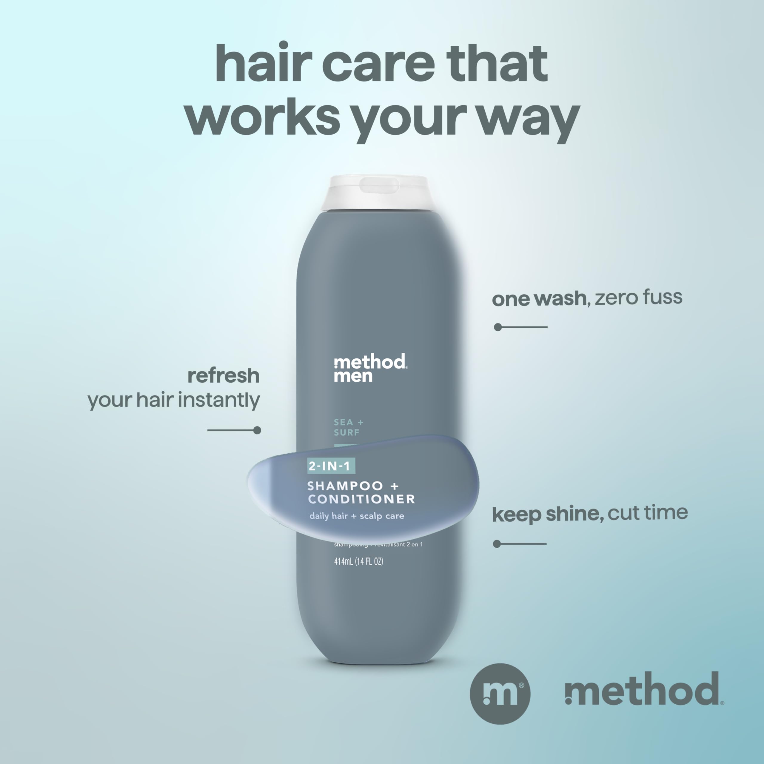 Jojoba oil drops on Method Men Sea + Surf for balanced moisture.