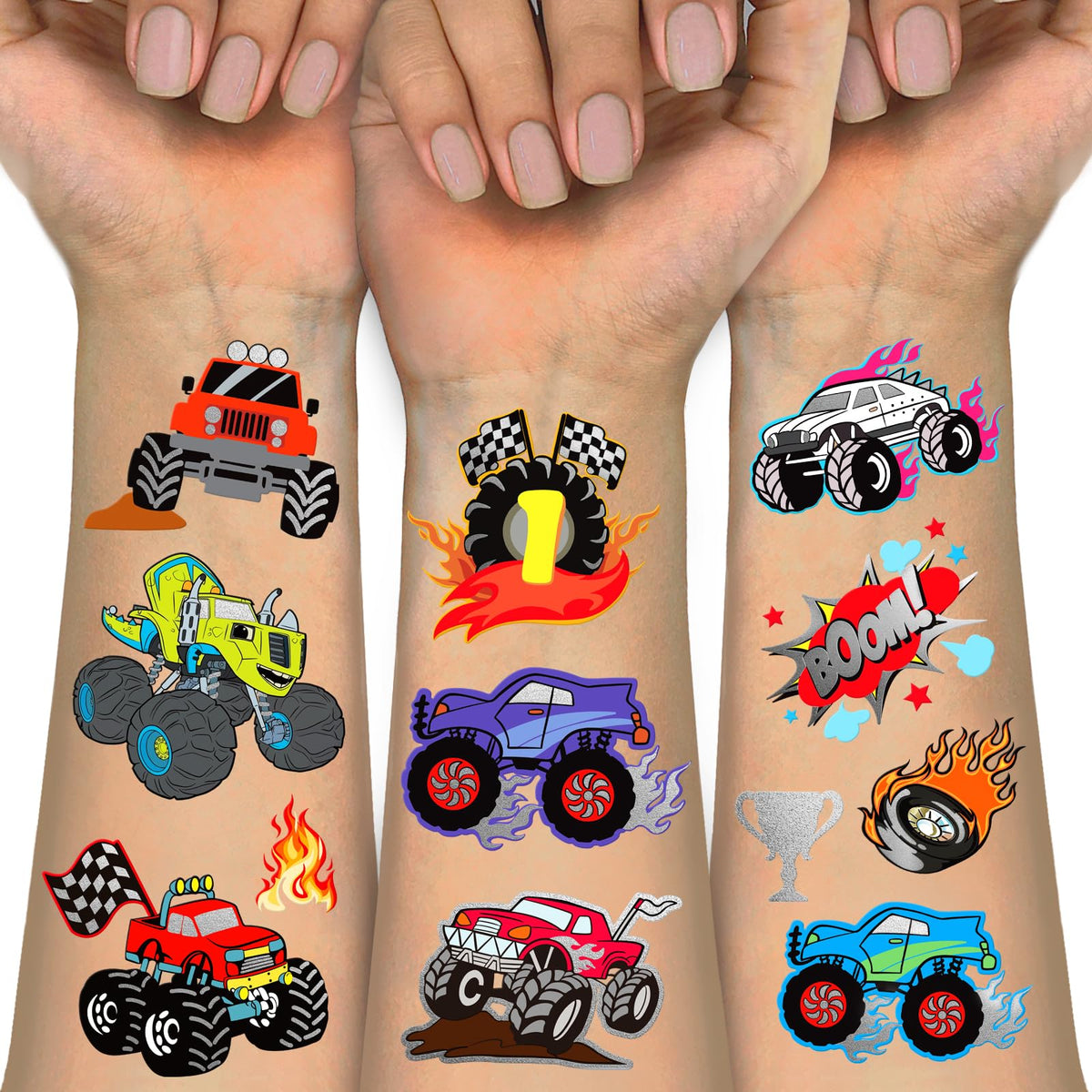 Metuu tatuajes temporales: camión monstruo metálico para fiesta infantil y brillo duradero.