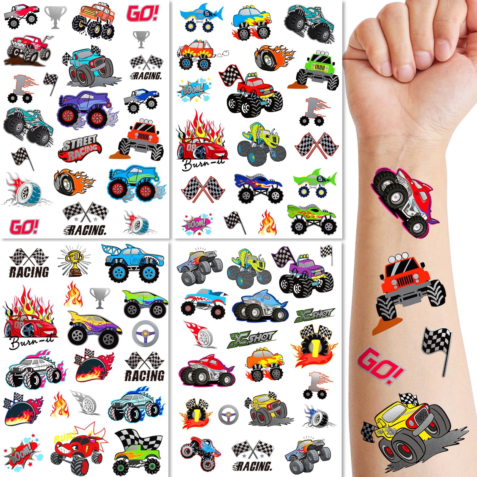 Metuu tatuajes para niños: carrera de autos brillantes con acabado metálico.