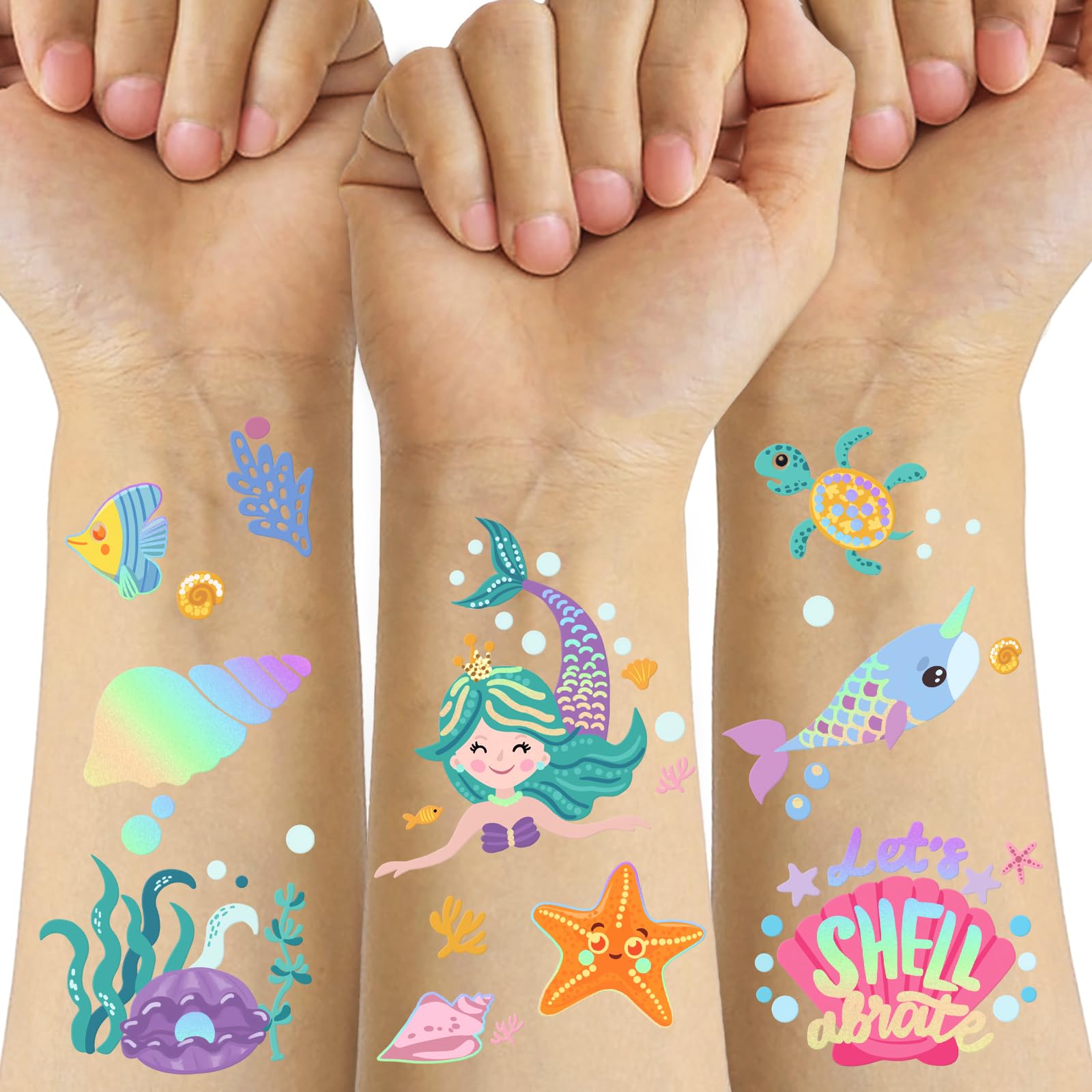 Metuu tatuajes temporales, sirenas en cuatro hojas, ideal para looks festivos infantiles.