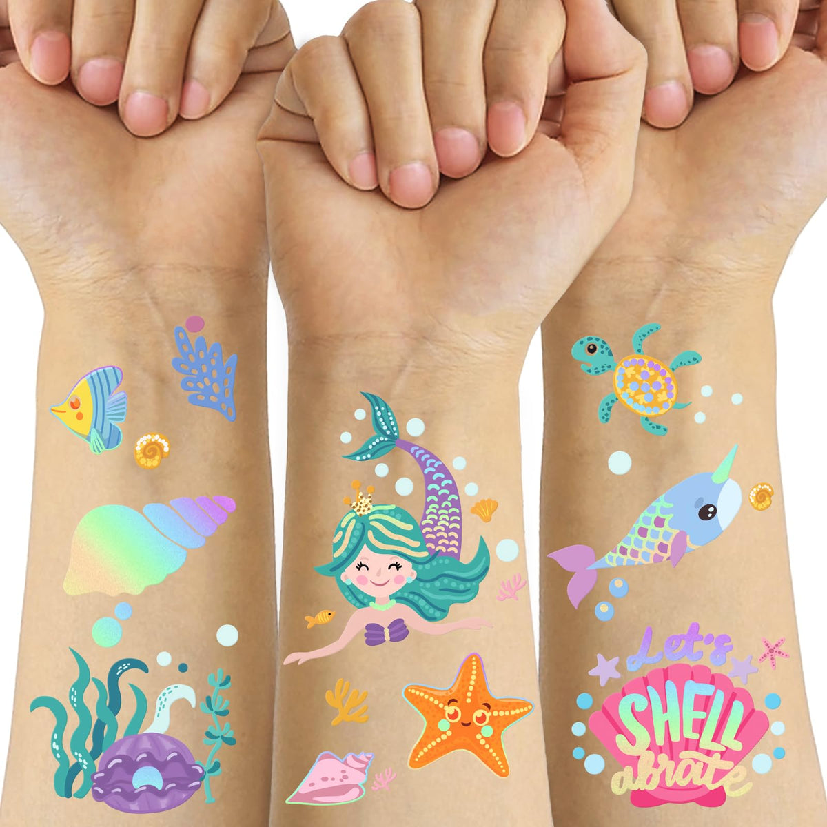 Metuu tatuajes temporales, sirenas en cuatro hojas, ideal para looks festivos infantiles.