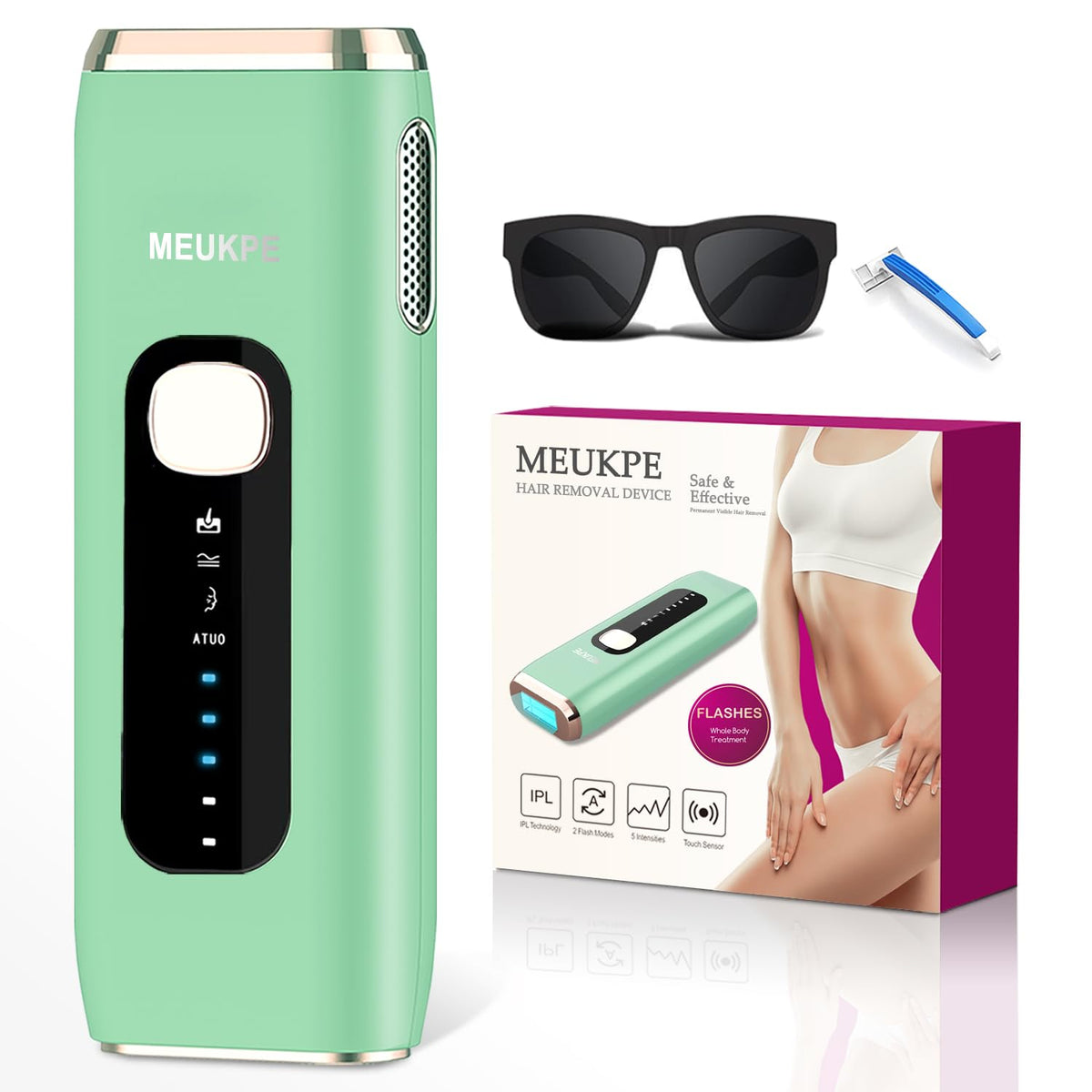 Dispositivo MEUKPE IPL para depilación en casa, fácil de usar y ergonómico.
