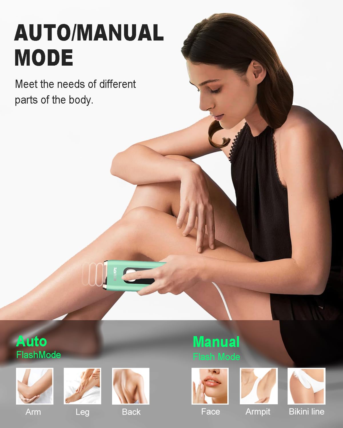 Uso de MEUKPE IPL en distintas zonas del cuerpo para depilación completa.