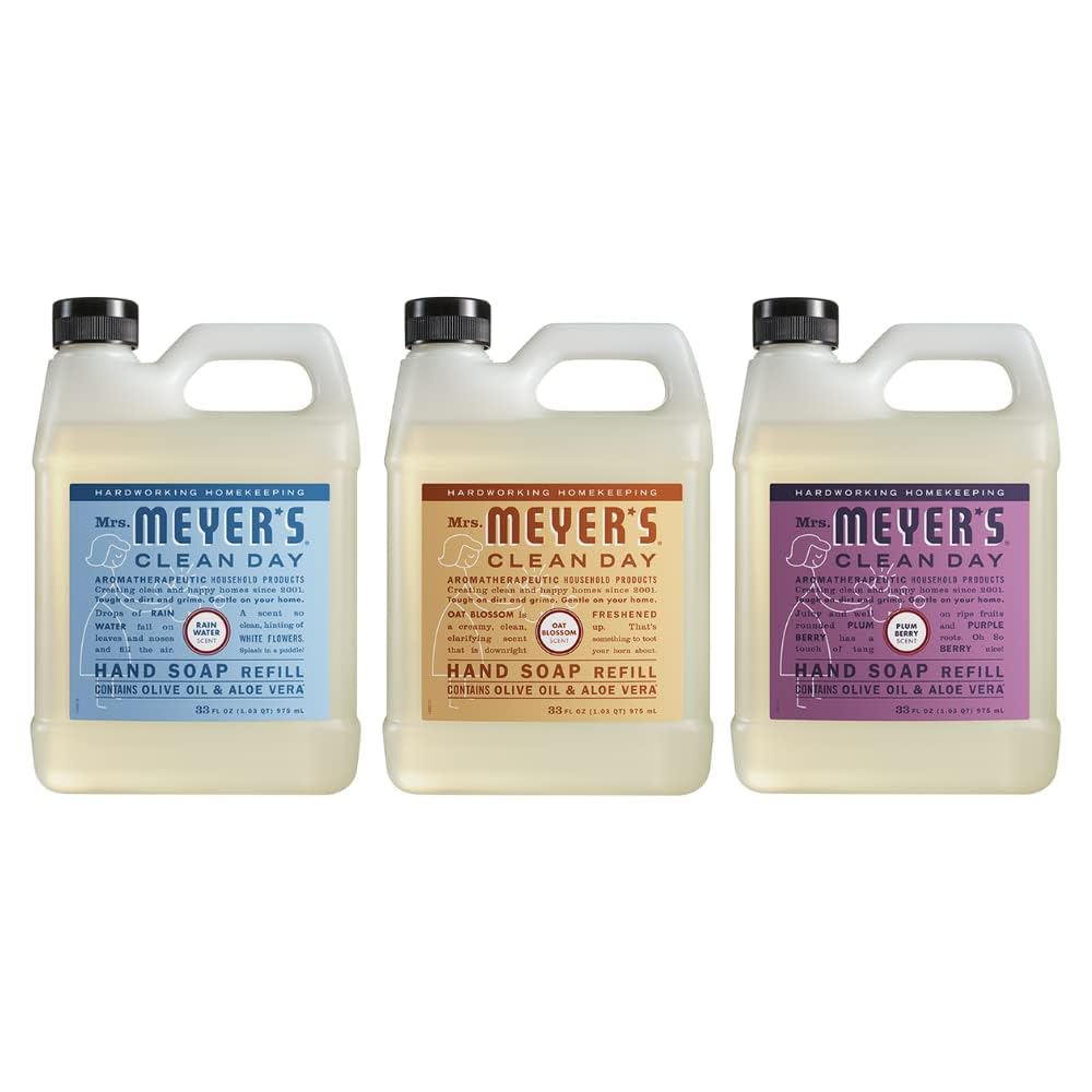 Bouteille recharge Eau de Pluie Meyers Mains, pratique pour remplir et réduire les déchets plastiques.