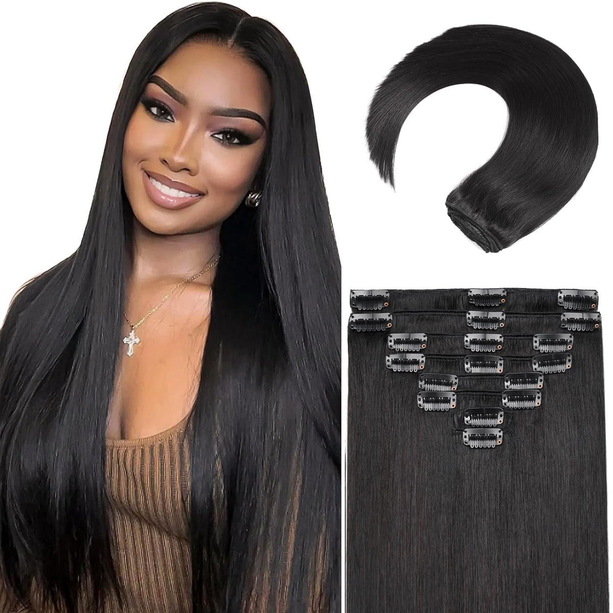 Extensiones MEYOFUN con broches de pelo humano liso para un acabado natural.