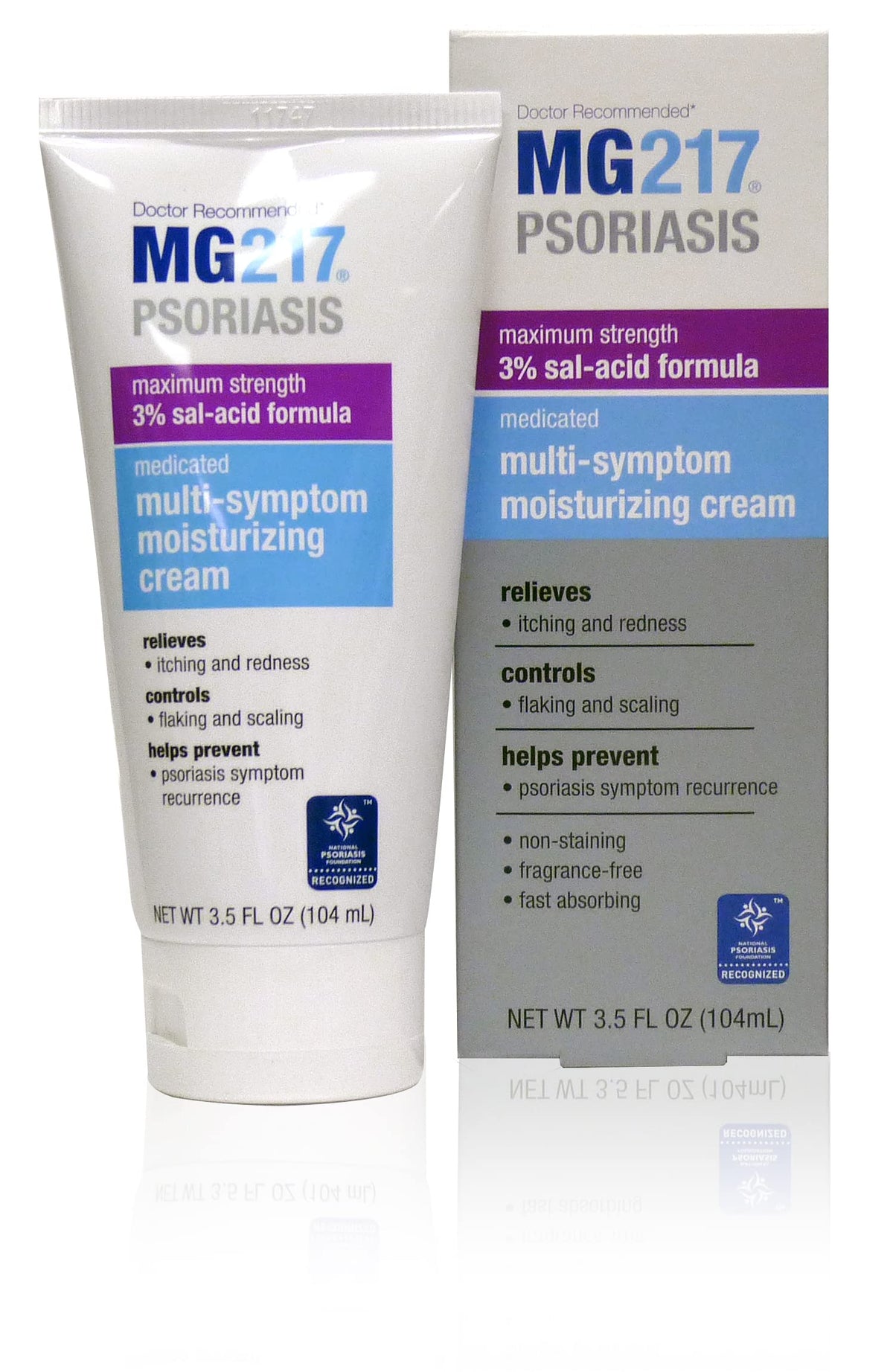 MG217 medicated psoriasis cream bottle showing 3% salicylic acid for gentle flake control.