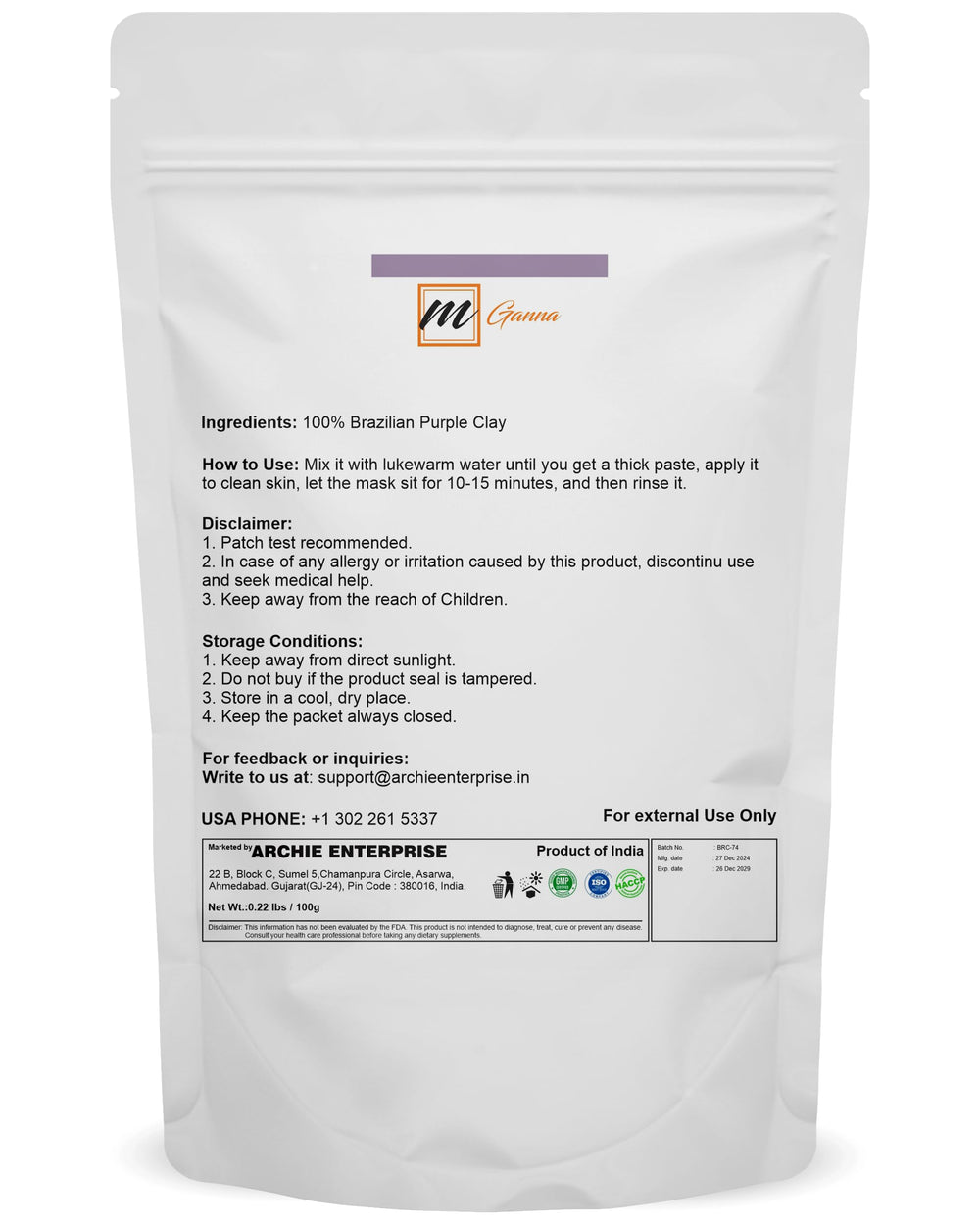 mGanna arcilla morada brasileña, polvo fino para exfoliación suave.