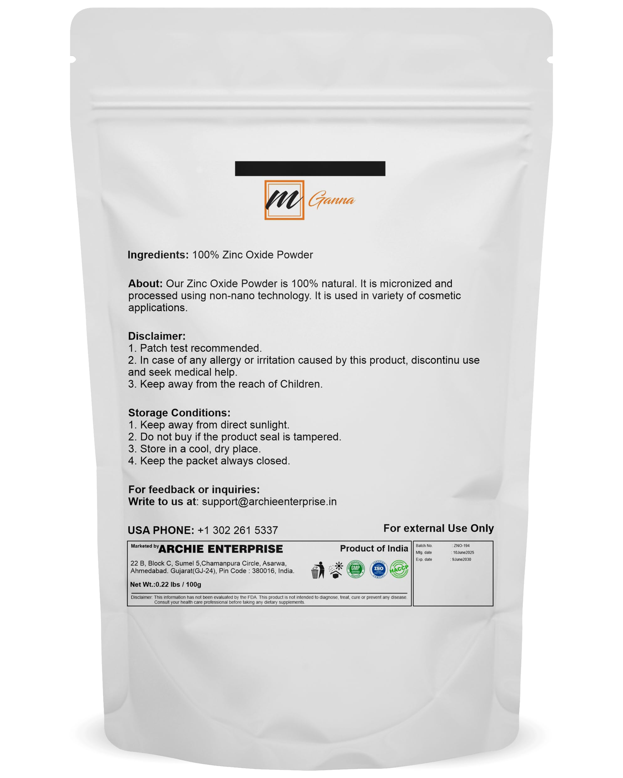 mganna óxido de zinc polvo, empaque hermético para preservar calidad y frescura.