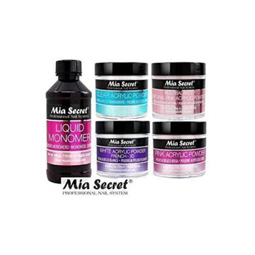 Mia Secret polvos acrílicos Rosa, Blanco, Transparente y Multibalance Rosa, para estructura y balance de tono.