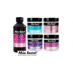 Mia Secret polvos acrílicos Rosa, Blanco, Transparente y Multibalance Rosa, para estructura y balance de tono.
