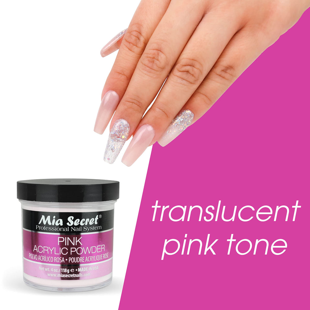 Arte en uñas acrílicas con Mia Secret polvo rosa.