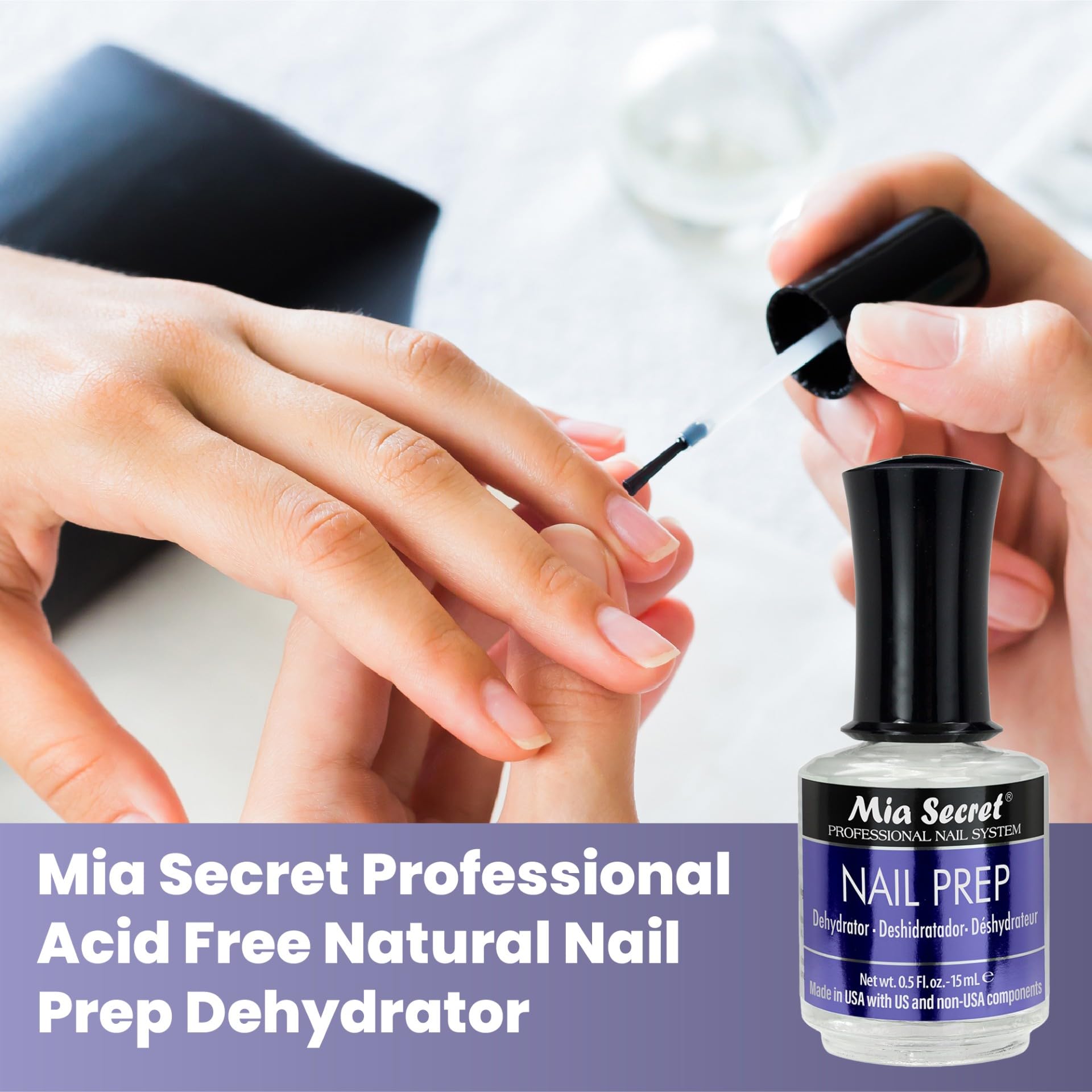Mia Secret deshidratante sin ácido, manos con uñas preparadas para acrílico o gel