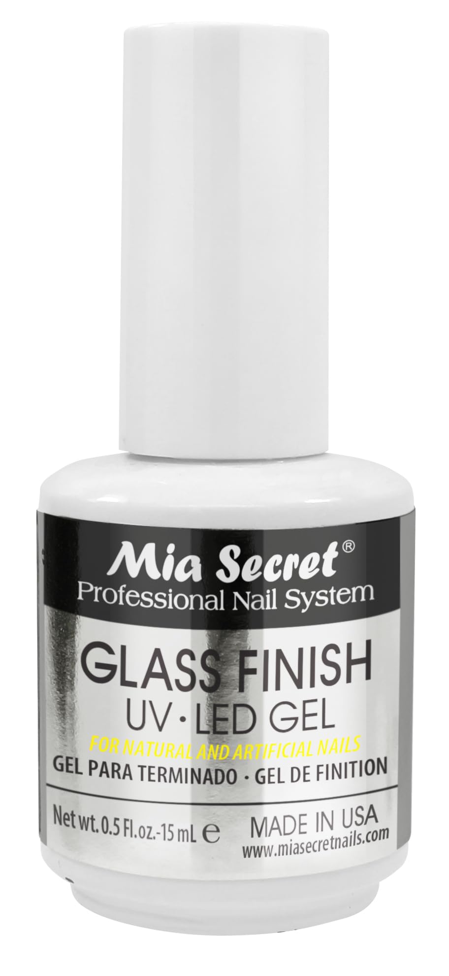 Mia Secret Glass Finish: gel UV-LED en bote 15 ml, acabado claro y duradero.